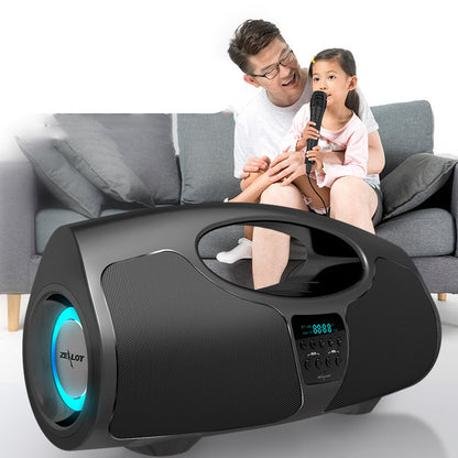 Black speaker with blue light on a white background, featuring a man and child sitting on a couch.