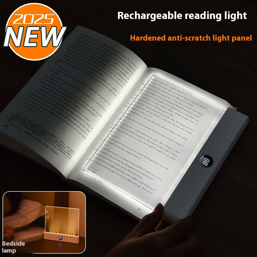 Rechargeable reading light with a book, highlighting features like '2025 NEW' and 'Hardened anti-scratch light panel'.