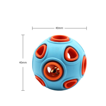 Blue and orange puzzle ball with measurements on a white background