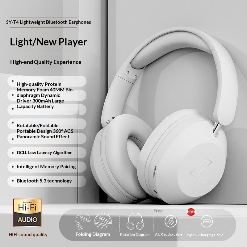Wireless Gaming Bluetooth Over-Ear Headphones - White Bluetooth headphones with feature list on a gray background