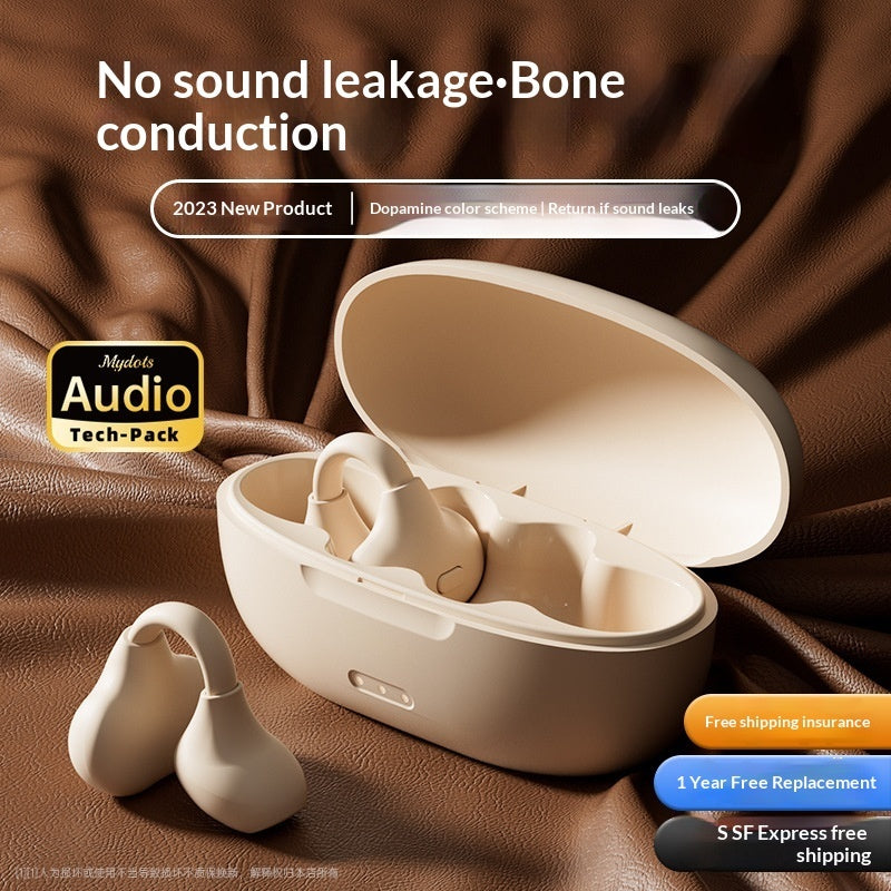 Ear Clip Bluetooth Wireless Headphones - White wireless earbuds in open case on brown fabric background with product details.