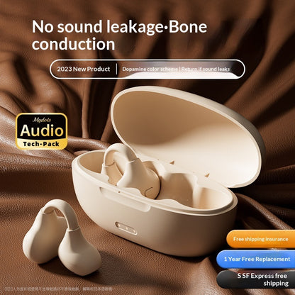 Ear Clip Bluetooth Wireless Headphones - White wireless earbuds in open case on brown fabric background with product details.