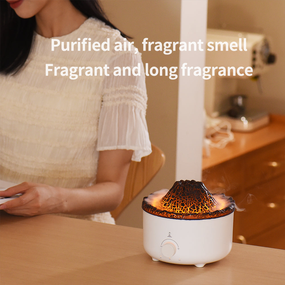 Volcano Flame Humidifier Aroma Diffuser -
Fragrant diffuser on a table with text about purified air and fragrant smell.