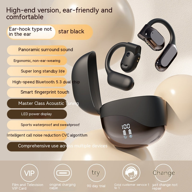 Black wireless earbuds with charging case on a beige background, featuring text highlighting features.