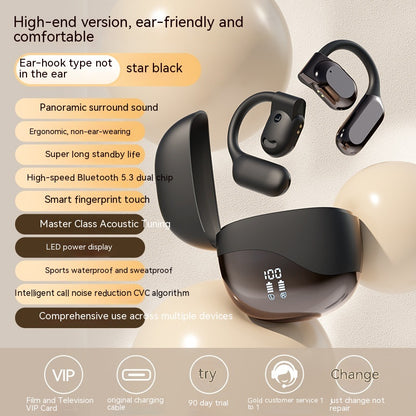 Black wireless earbuds with charging case on a beige background, featuring text highlighting features.