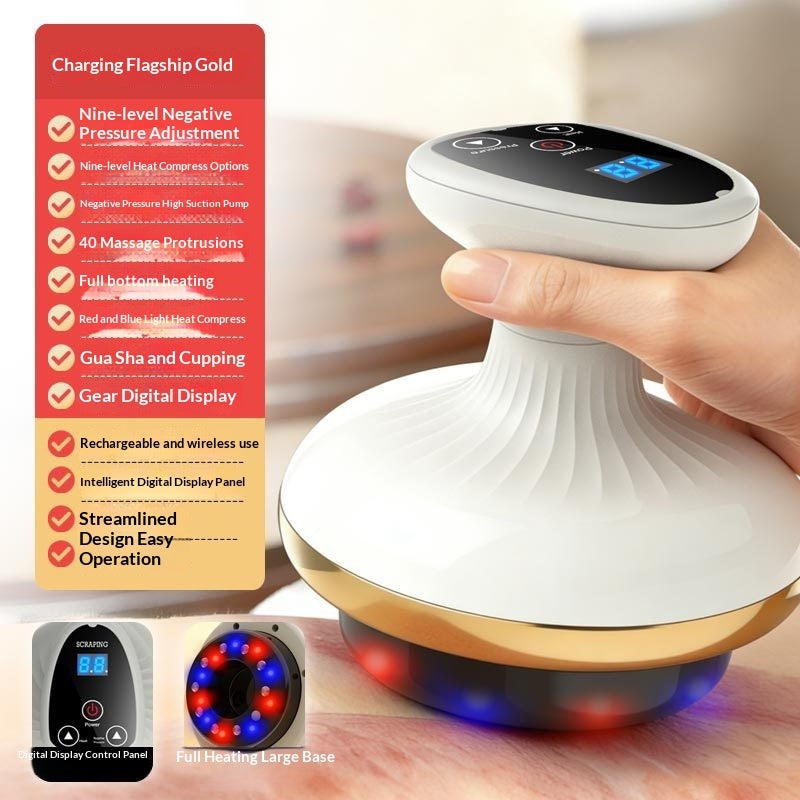 Handheld massage device with digital display and red light therapy on a wooden surface, accompanied by feature list on the left.