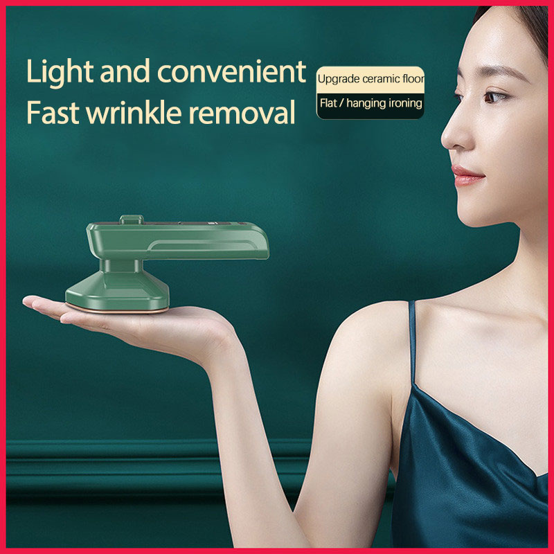 Woman holding a green device with text about fast wrinkle removal on a teal background
