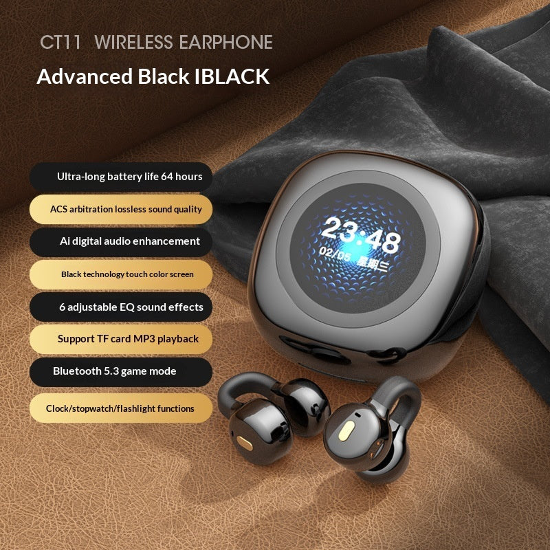 AI Translator Noise Canceling Earbuds - Wireless earphones with digital display on a brown surface