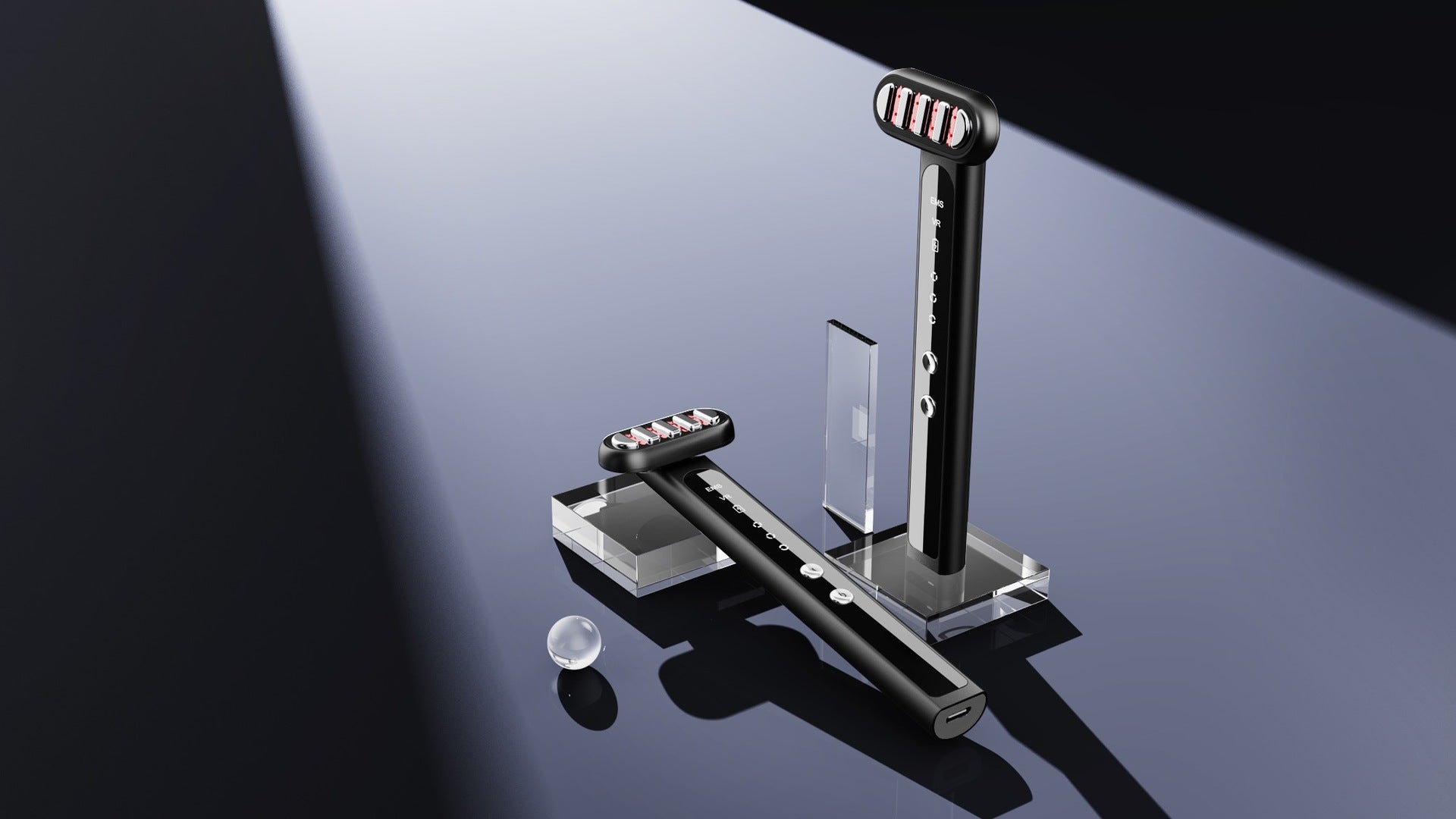 Gaming controller on a reflective surface with a dark background