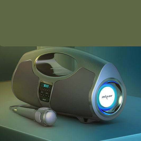 Portable stereo system with microphone on a gradient background