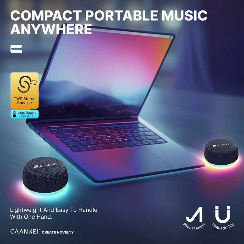 Laptop with wireless earbuds and phone holder on a dark background, featuring Clankee branding.