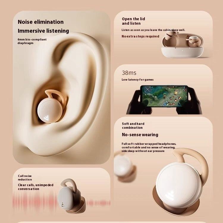 Ultra-Long Battery Bluetooth Sleep Headset - White wireless earbuds with features highlighted on a beige background