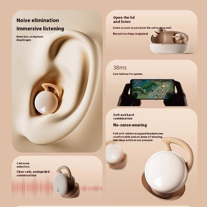 Ultra-Long Battery Bluetooth Sleep Headset - White wireless earbuds with features highlighted on a beige background