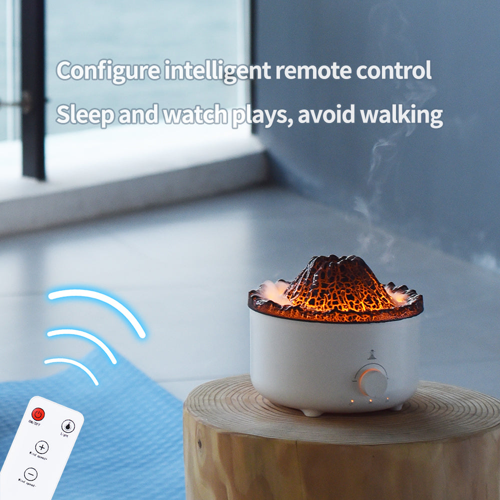 Volcano Flame Humidifier Aroma Diffuser -
White humidifier with decorative top on a wooden stand, remote control on the side, and text about remote control features.