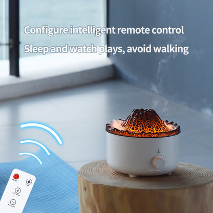 Volcano Flame Humidifier Aroma Diffuser -
White humidifier with decorative top on a wooden stand, remote control on the side, and text about remote control features.