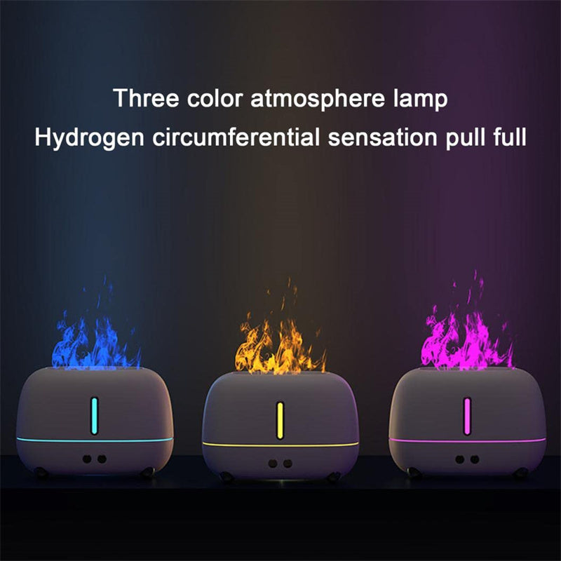 Three color atmosphere lamp with blue, orange, and pink flames on a dark background.
