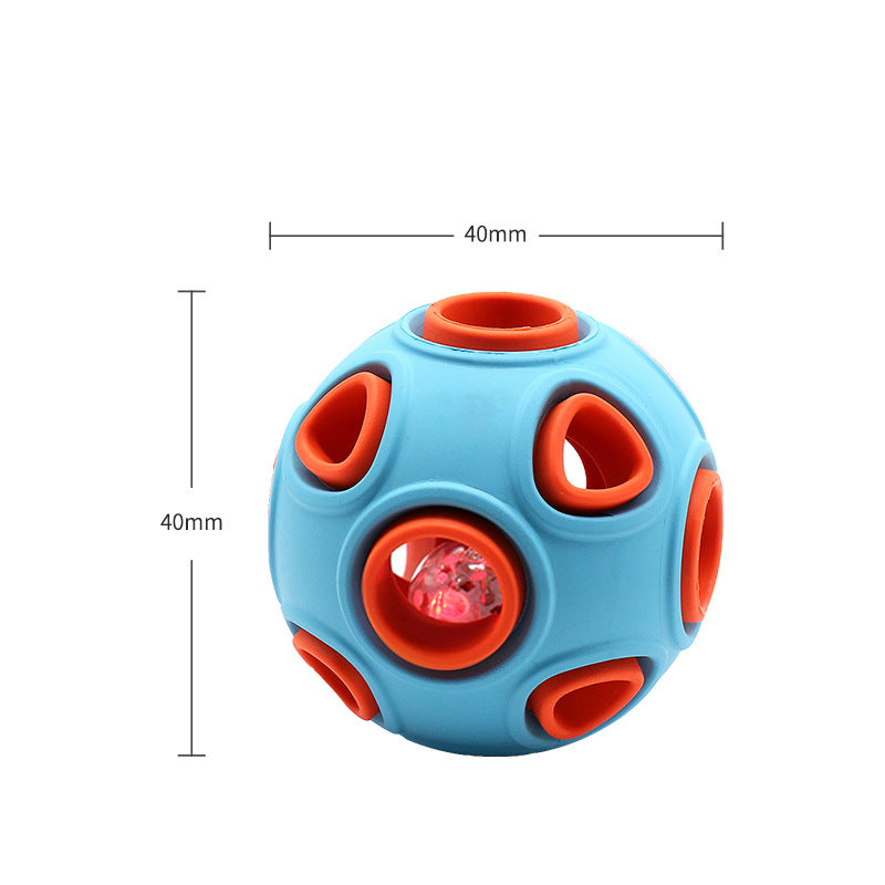 Blue and orange ball-shaped puzzle toy with measurements on a white background