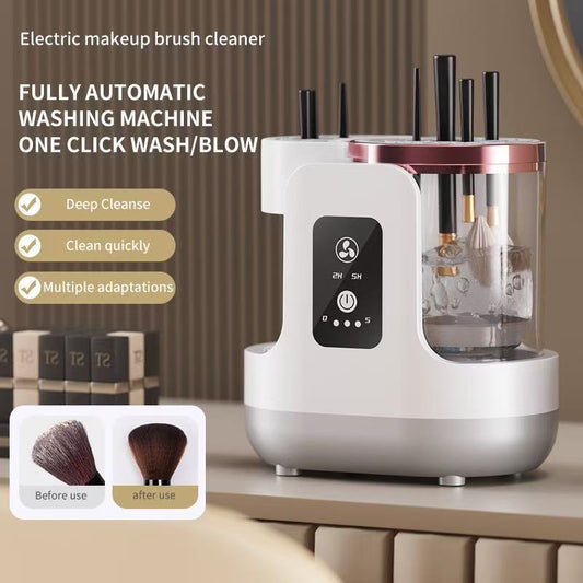 Electric makeup brush cleaner with features highlighted on a neutral background