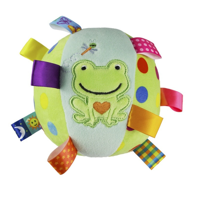Colorful toy with a frog design on a white background