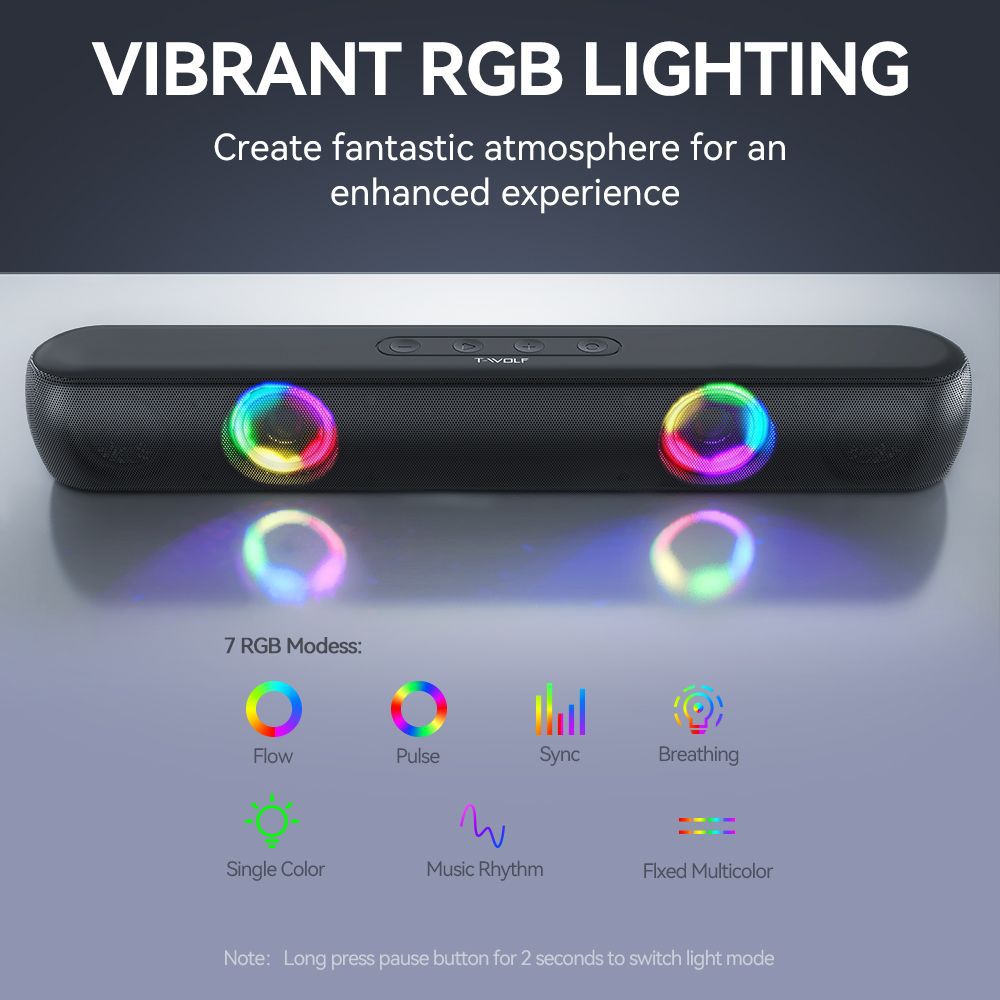 Black LED light bar with RGB lighting effects on a gray background, featuring text about vibrant RGB lighting.