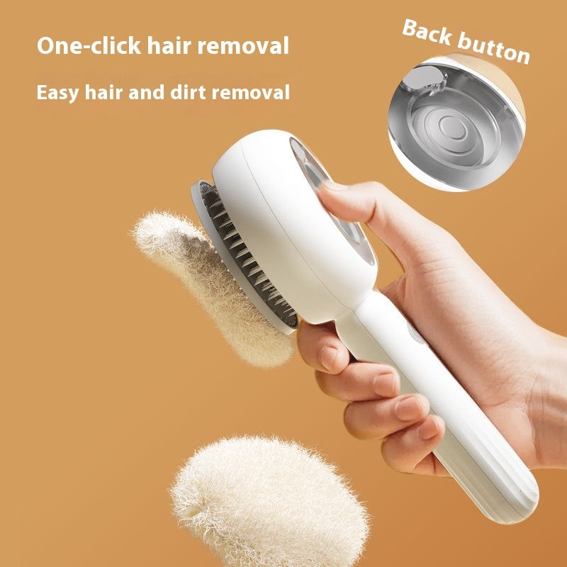 Hand holding a white hair removal brush with text on a brown background