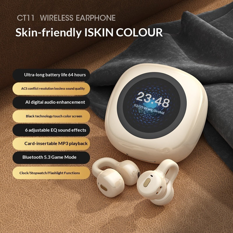 AI Translator Noise Canceling Earbuds - Wireless earphone with charging case on a textured surface, featuring text about product features.