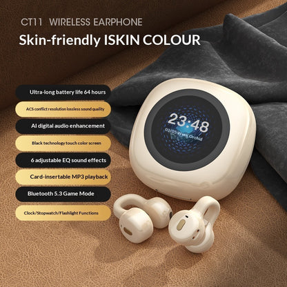 AI Translator Noise Canceling Earbuds - Wireless earphone with charging case on a textured surface, featuring text about product features.