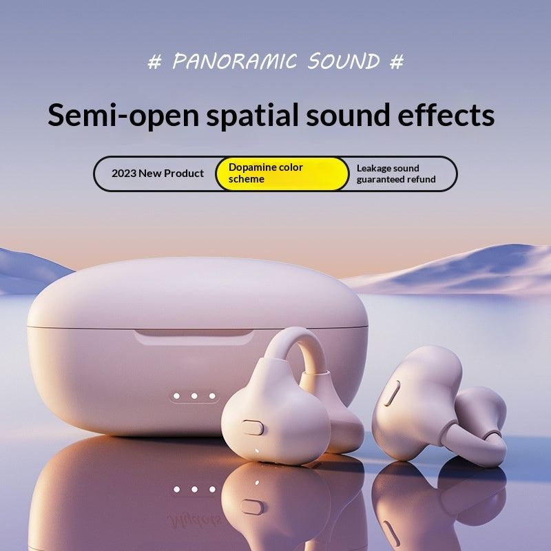 Ear Clip Bluetooth Wireless Headphones - Wireless earbuds with charging case on a reflective surface with a scenic background