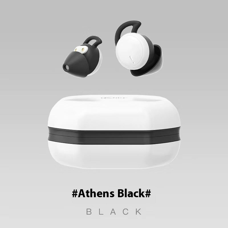 Ultra-Long Battery Bluetooth Sleep Headset - Wireless earbuds with a white charging case on a gray background, labeled 'Athens Black'.