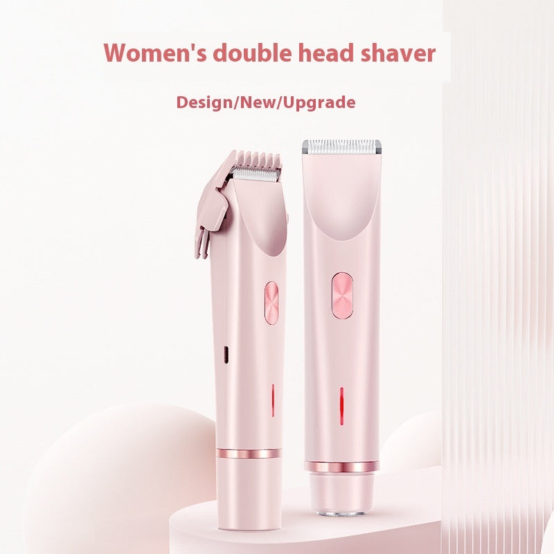Pink women's double head shaver on a white background with text indicating design, new, and upgrade features.