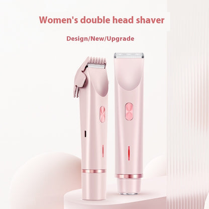 Pink women's double head shaver on a white background with text indicating design, new, and upgrade features.