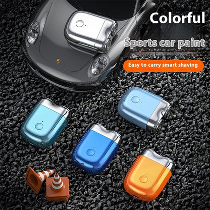 Smart shaving devices with colorful bodies on a textured surface, car in the background.