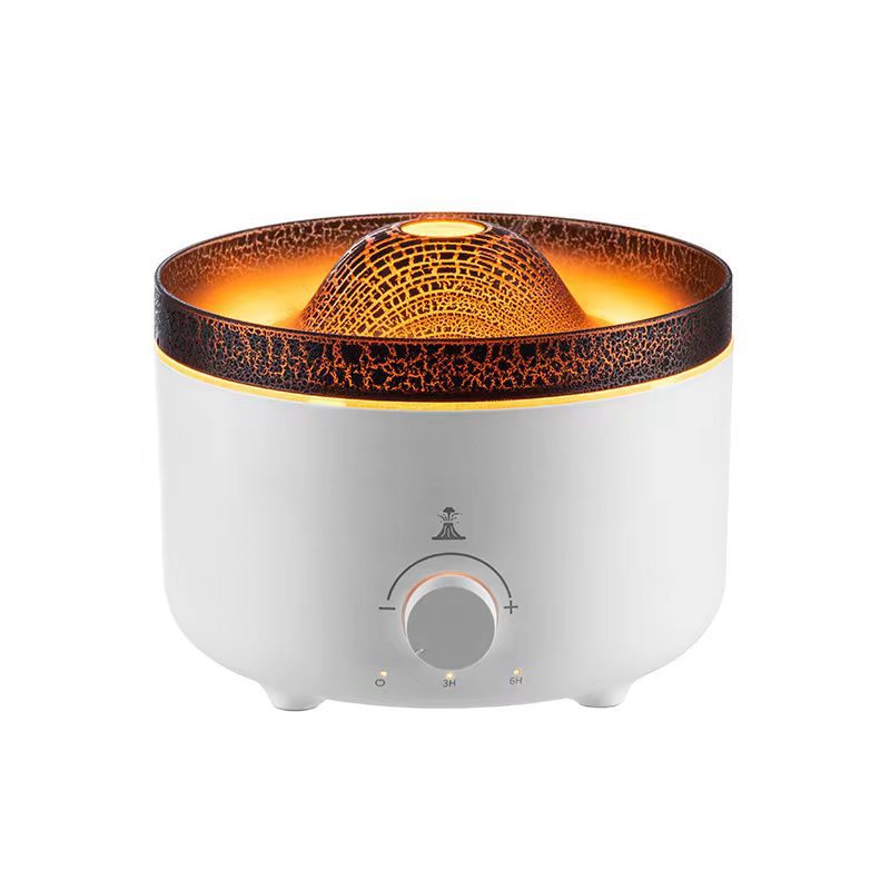 Volcano Flame Humidifier Aroma Diffuser -
White diffuser with a black and orange top on a white background