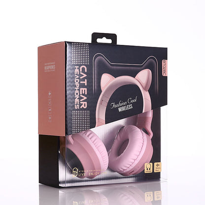 Bluetooth 5.0 Wireless Stereo Headphones - Pink cat ear headphones in packaging on a white background