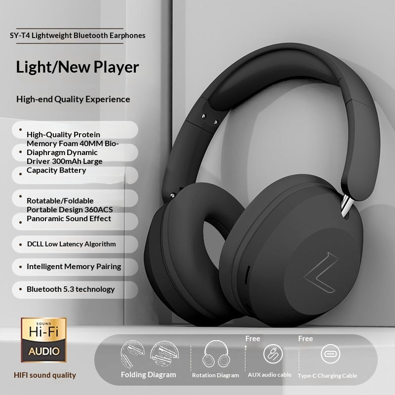 Wireless Gaming Bluetooth Over-Ear Headphones - Black Bluetooth headphones with feature list on a gray background