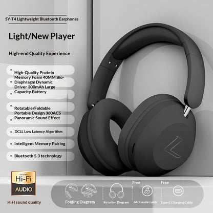 Wireless Gaming Bluetooth Over-Ear Headphones - Black Bluetooth headphones with feature list on a gray background