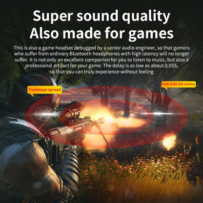 Low Latency Wireless Bluetooth Headset - Game headset advertisement with a soldier aiming, text about sound quality, and game features.