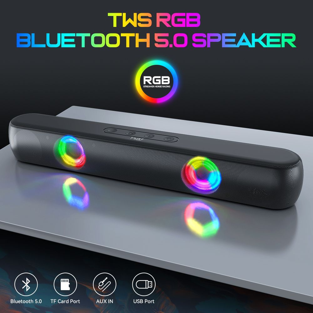 TWS RGB Bluetooth 5.0 speaker with colorful LED lights on a reflective surface.