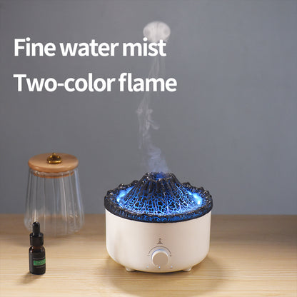 Volcano Flame Humidifier Aroma Diffuser -
Aromatherapy diffuser with water mist and two-color flame on a wooden surface with a gray background.