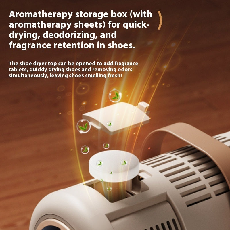 Shoe dryer with aromatherapy storage box on a brown background