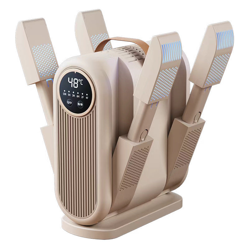 Beige electric fan with digital display on a white background