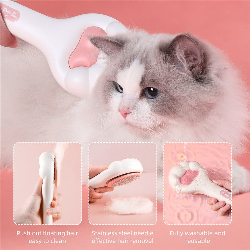 Cat being groomed with a pet grooming tool on a pink background