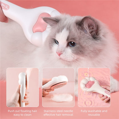 Cat being groomed with a pet grooming tool on a pink background