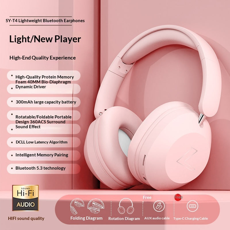 Wireless Gaming Bluetooth Over-Ear Headphones - Pink Bluetooth headphones with feature list on a pink background