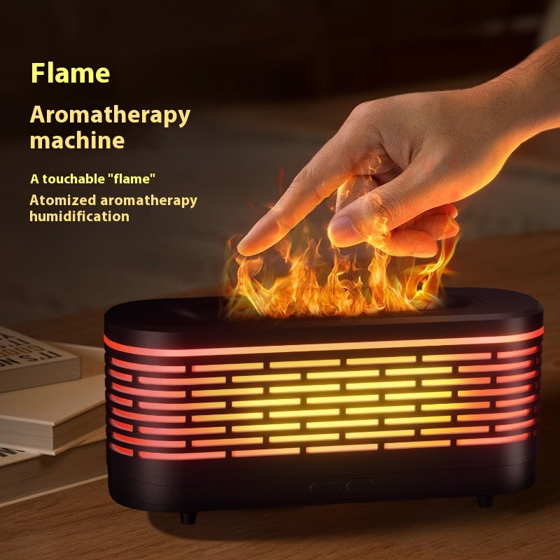 Flame aromatherapy machine with a hand touching the 'flame' on a dark background