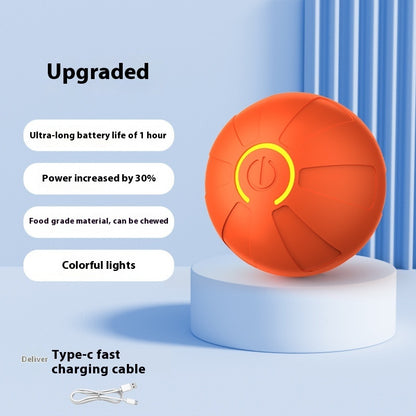 Orange ball with colorful lights on a blue background, featuring text about its upgraded features.