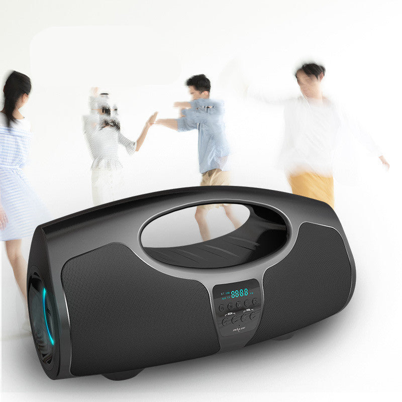 Black portable speaker with digital display on a white background