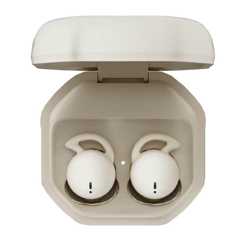 Beige wireless earbuds in an open charging case on a white background