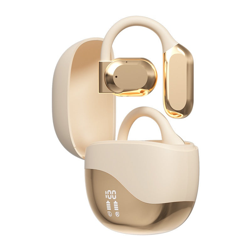 Air Conduction Wireless Ear-Hook Headset - Beige wireless earbuds with gold accents on a white background