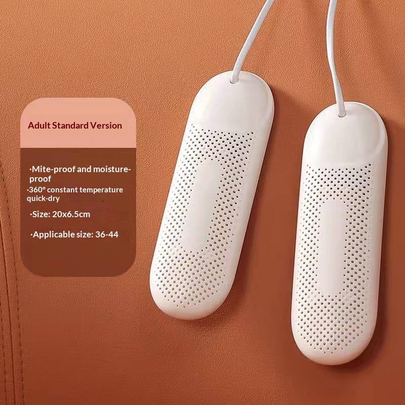 Two white shoe dryer devices on a brown background with product details.